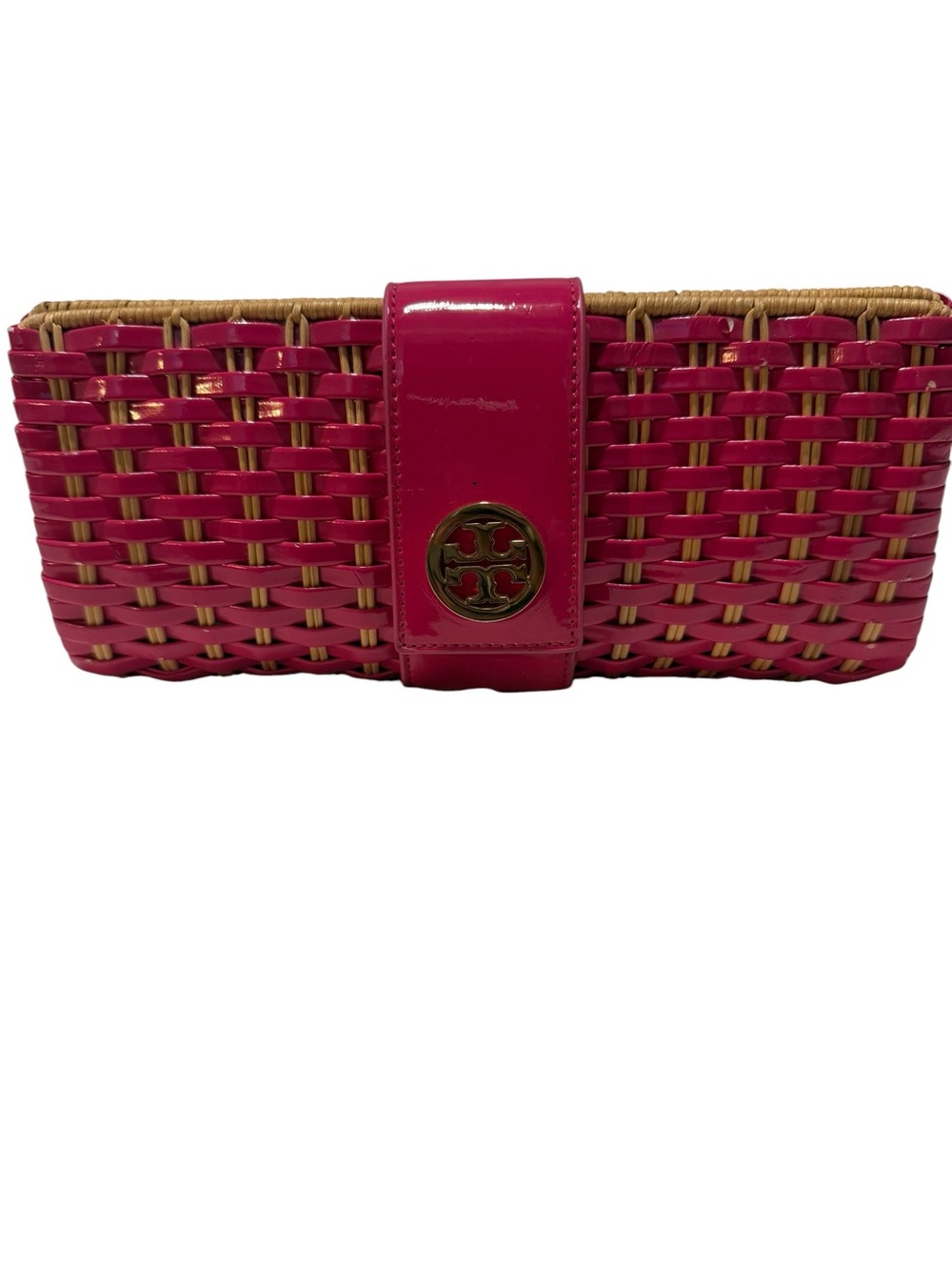 TORY BURCH Pink Raffia Woven Clutch